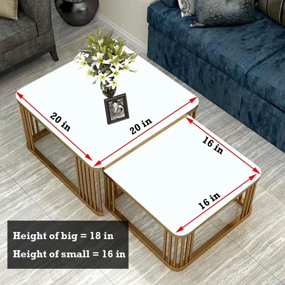 BROWN ART SHOPPEE Square Coffee Table Home Décor Furniture Coffee Table Sets,2 Piece MDF Top,Stacking Nesting Table with Iron Frame for Living Room Living Room or Lounge (Gold & White & Black)