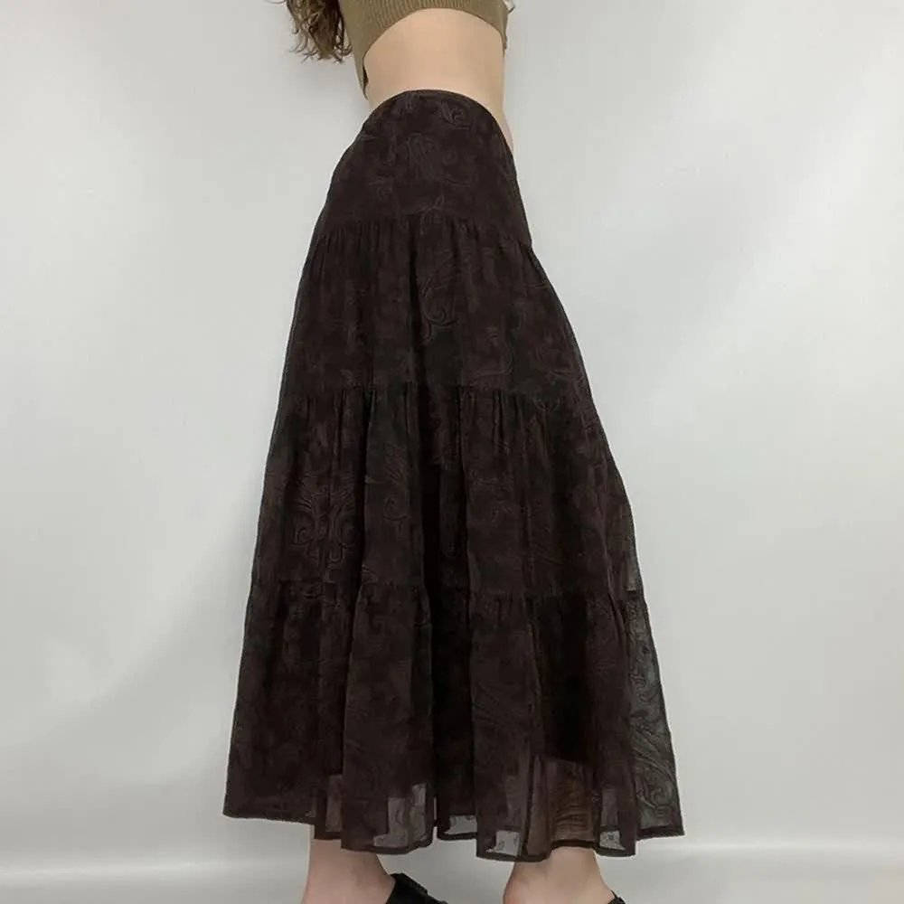 Brown Boho Paisley Tiered Maxi Skirt