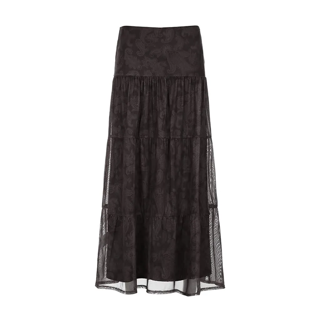 Brown Boho Paisley Tiered Maxi Skirt