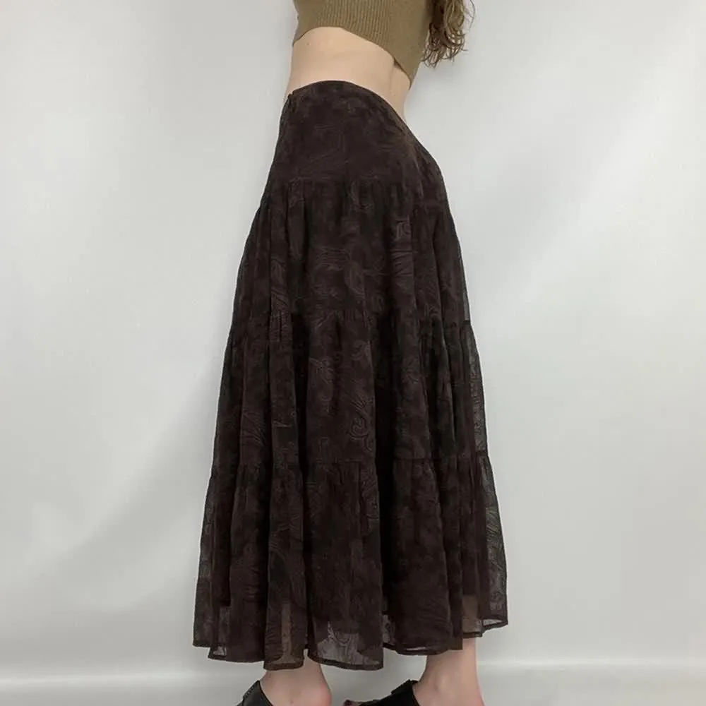 Brown Boho Paisley Tiered Maxi Skirt