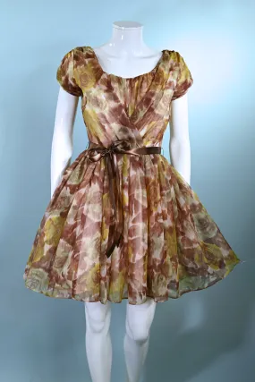 Carol Robins Vintage 60s Fit & Flare Party Dress, Browns/Greens Watercolor Print XS/S 24" W