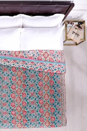 Charmine Floral Bloom Hand Block Printed Turquoise Cotton Muslin Quilt