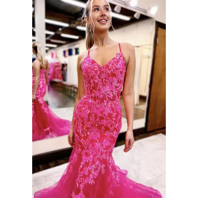 Chic Lace Applique V-neck Straps Mermaid Evening Party Prom Dress