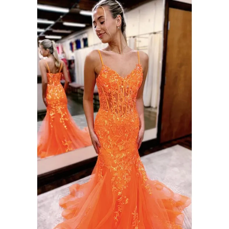 Chic Lace Applique V-neck Straps Mermaid Evening Party Prom Dress