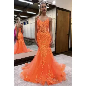 Chic Lace Applique V-neck Straps Mermaid Evening Party Prom Dress