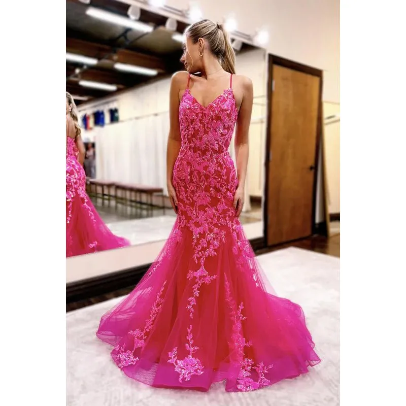 Chic Lace Applique V-neck Straps Mermaid Evening Party Prom Dress