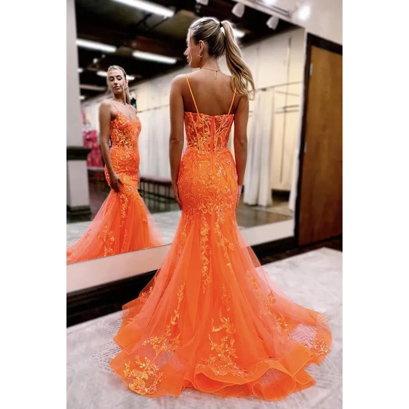 Chic Lace Applique V-neck Straps Mermaid Evening Party Prom Dress