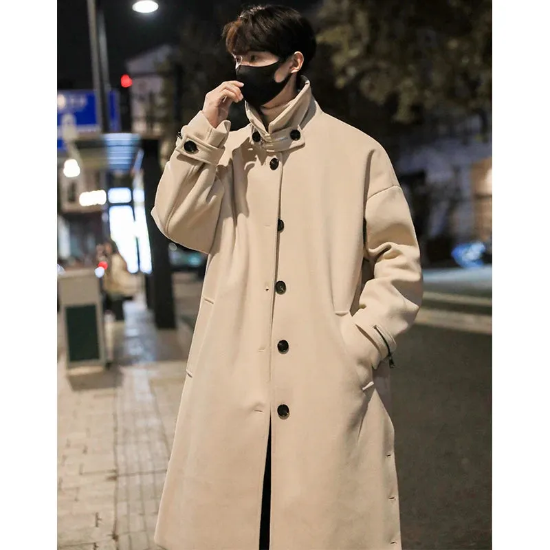 Chicmy-Men's Stand Collar Woolen Trench Coat Men Side Buttons Casual Loose Korean Style High-end Winter Thick Elegant Fashion Overcoat
