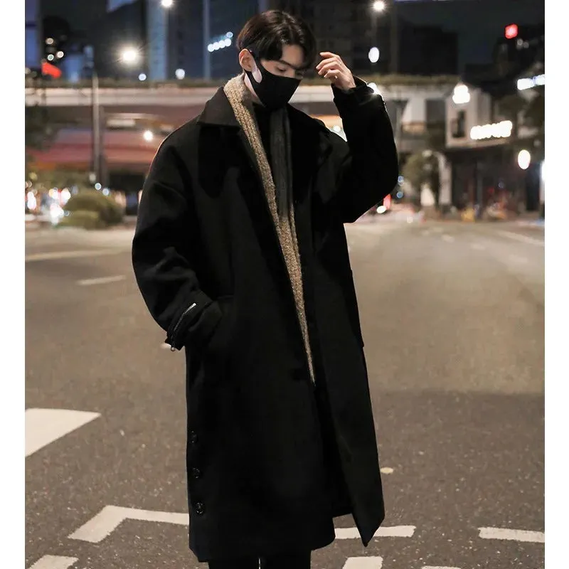 Chicmy-Men's Stand Collar Woolen Trench Coat Men Side Buttons Casual Loose Korean Style High-end Winter Thick Elegant Fashion Overcoat