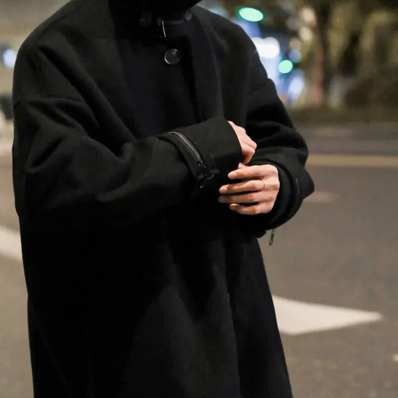 Chicmy-Men's Stand Collar Woolen Trench Coat Men Side Buttons Casual Loose Korean Style High-end Winter Thick Elegant Fashion Overcoat