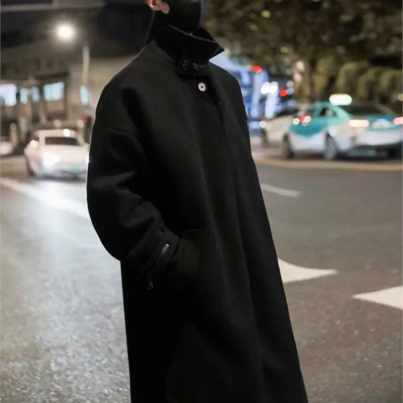 Chicmy-Men's Stand Collar Woolen Trench Coat Men Side Buttons Casual Loose Korean Style High-end Winter Thick Elegant Fashion Overcoat