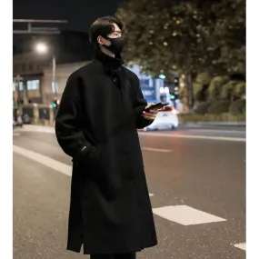 Chicmy-Men's Stand Collar Woolen Trench Coat Men Side Buttons Casual Loose Korean Style High-end Winter Thick Elegant Fashion Overcoat