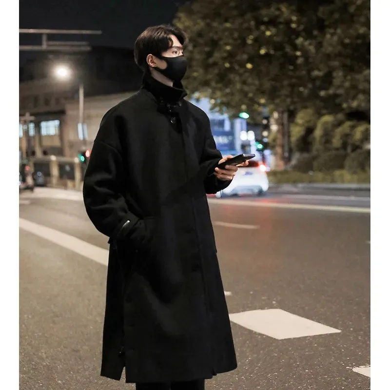 Chicmy-Men's Stand Collar Woolen Trench Coat Men Side Buttons Casual Loose Korean Style High-end Winter Thick Elegant Fashion Overcoat