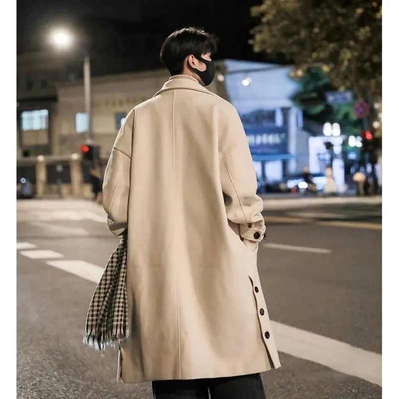 Chicmy-Men's Stand Collar Woolen Trench Coat Men Side Buttons Casual Loose Korean Style High-end Winter Thick Elegant Fashion Overcoat