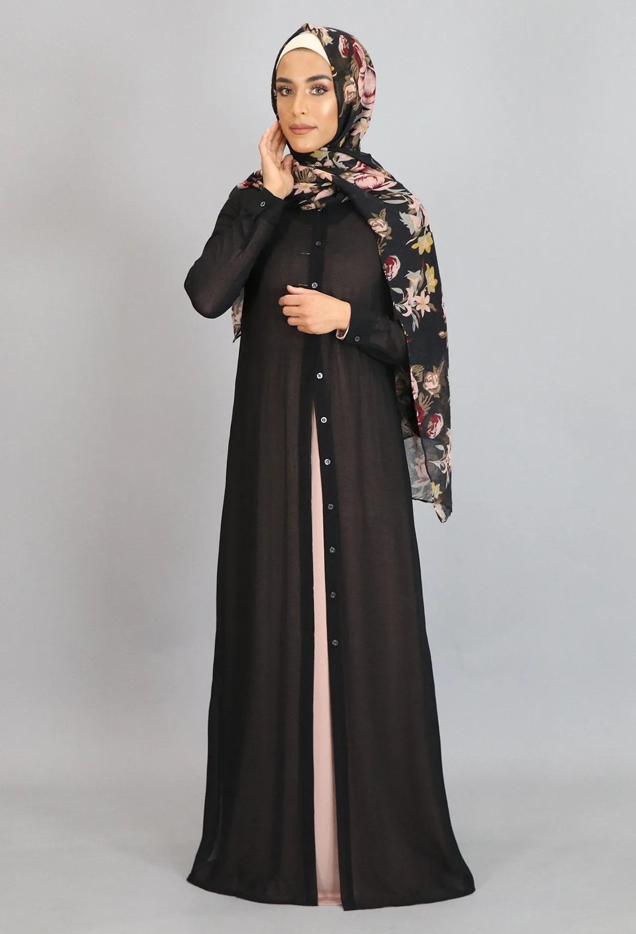 Chiffon Button Down Cardigan Dress- Black