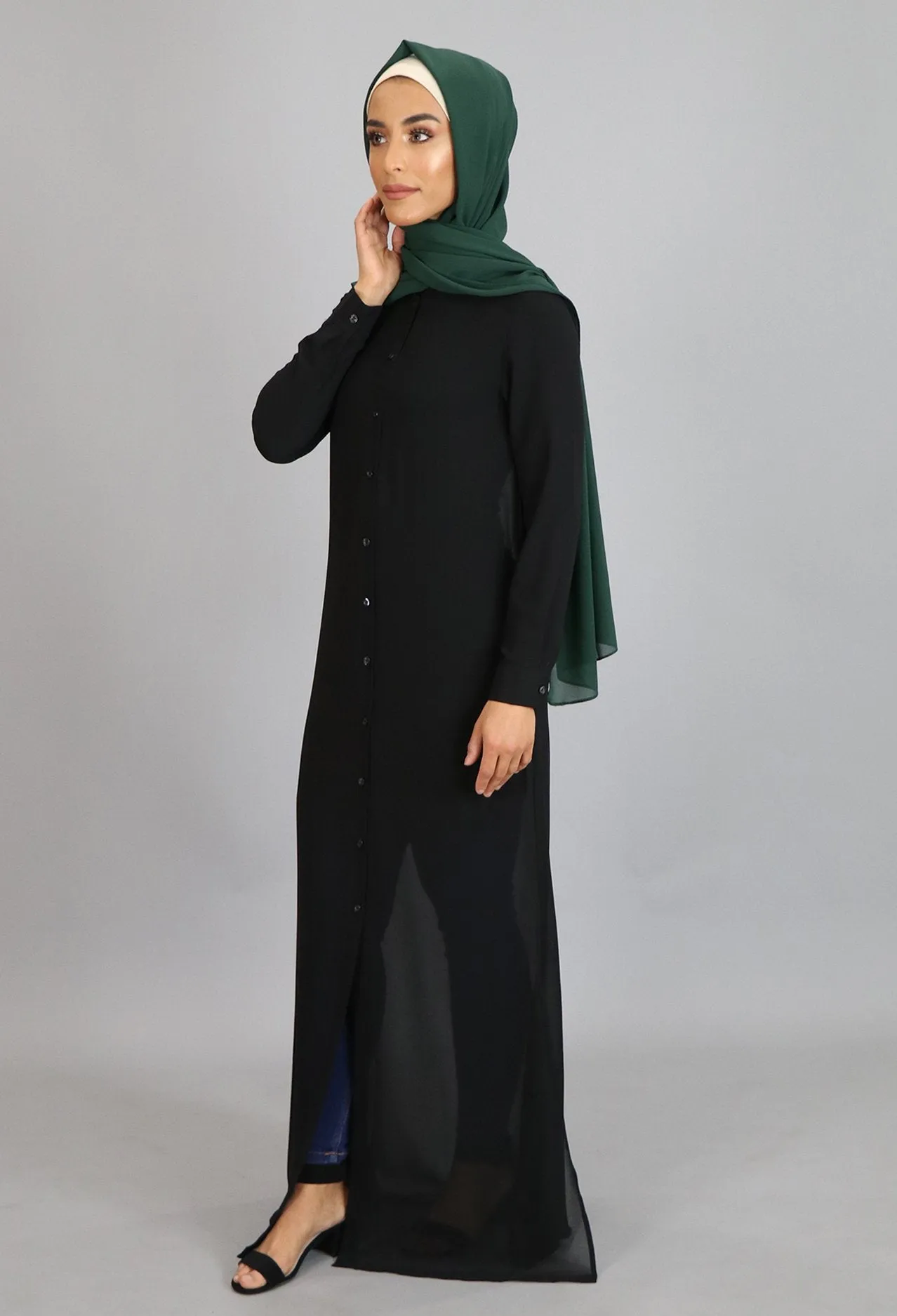 Chiffon Button Down Cardigan Dress- Black