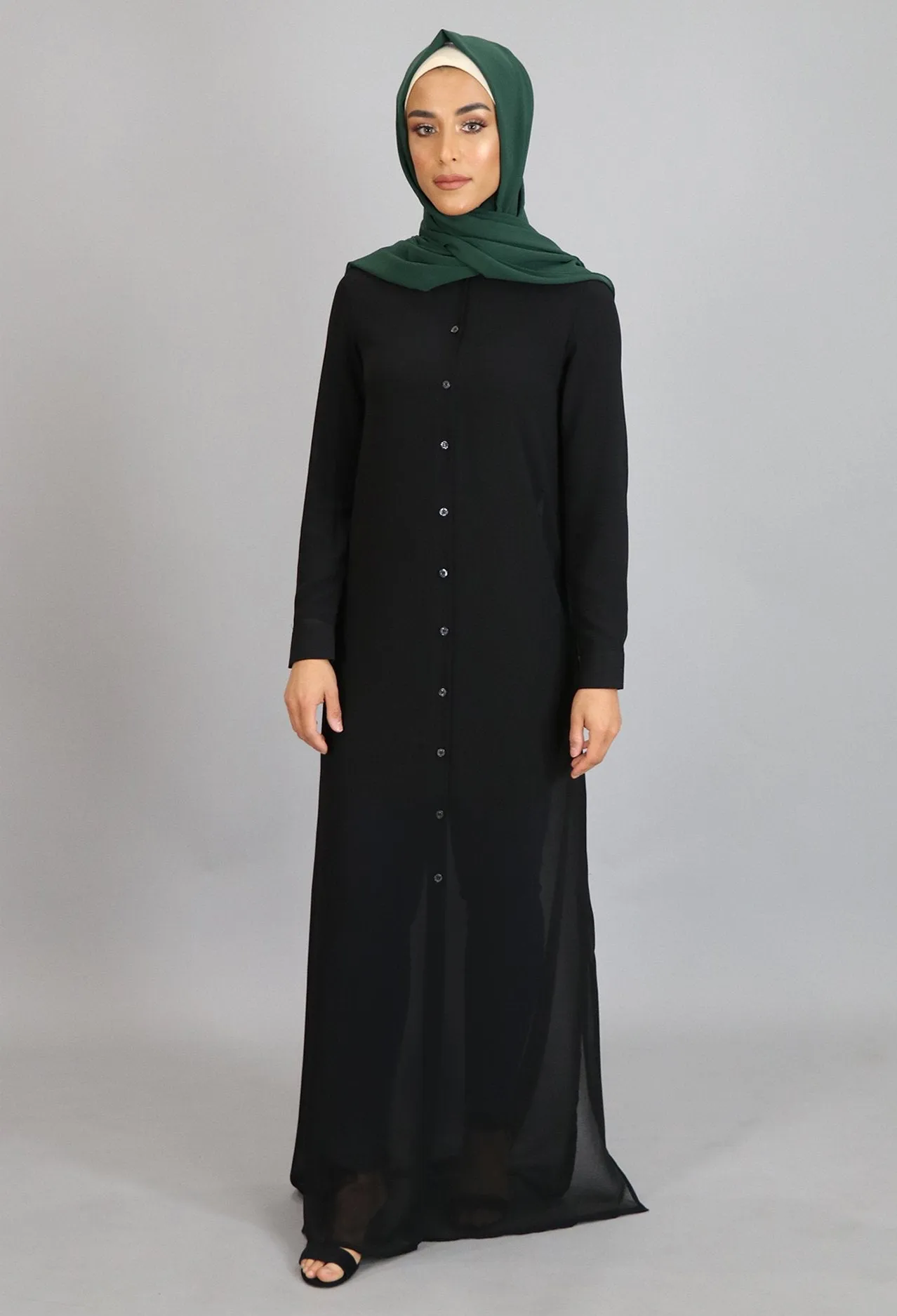 Chiffon Button Down Cardigan Dress- Black