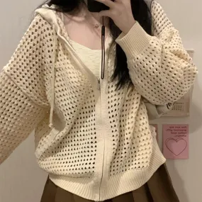 christmas outfit Sonicelife Knit All Over Cutout Hooded Cardigan