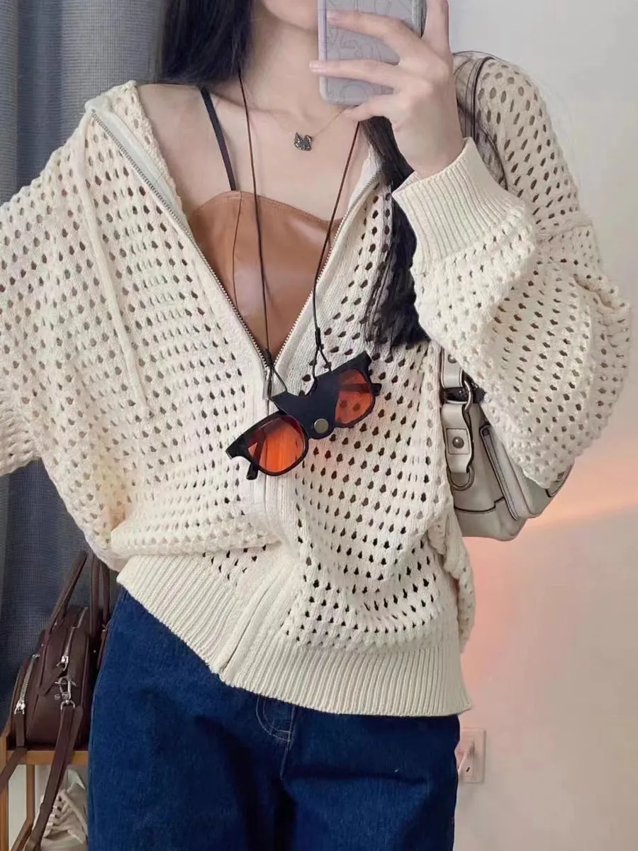 christmas outfit Sonicelife Knit All Over Cutout Hooded Cardigan