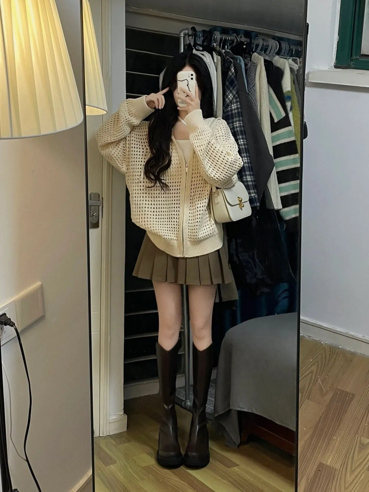 christmas outfit Sonicelife Knit All Over Cutout Hooded Cardigan