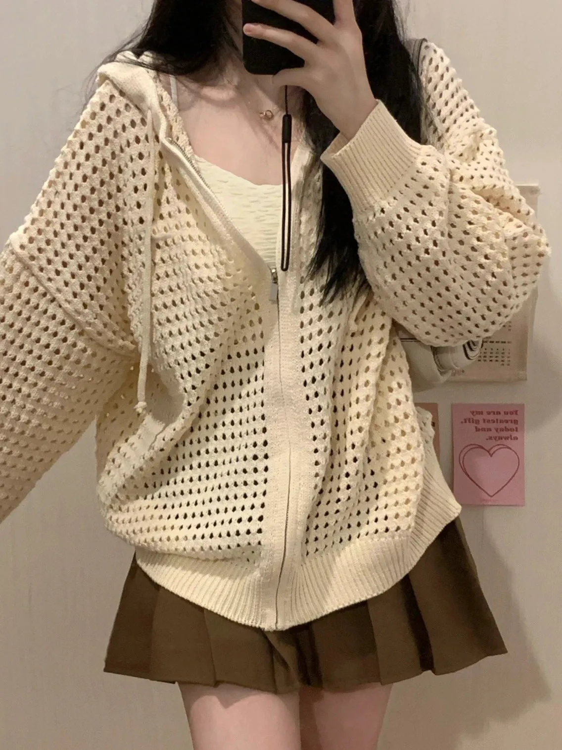 christmas outfit Sonicelife Knit All Over Cutout Hooded Cardigan
