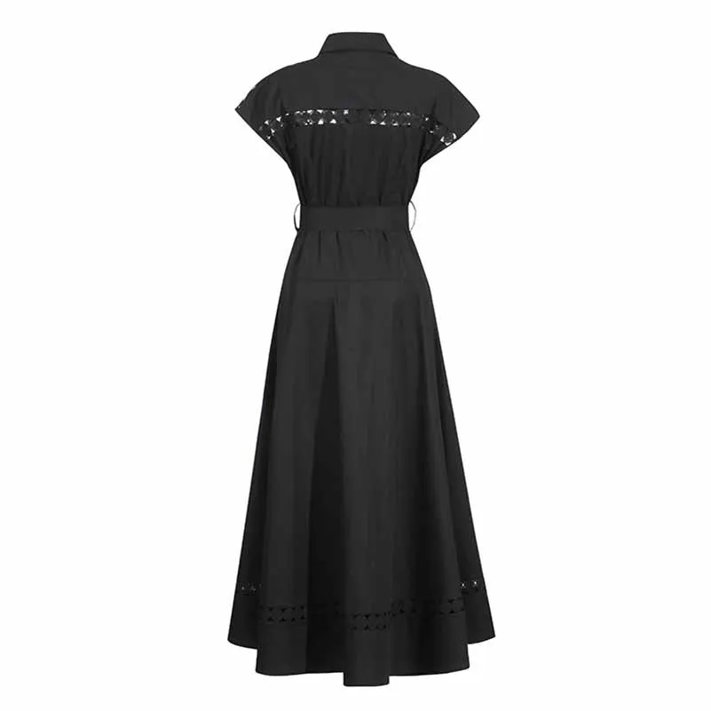 Collared Short Sleeve Hollow Out Midi Dress With Belt