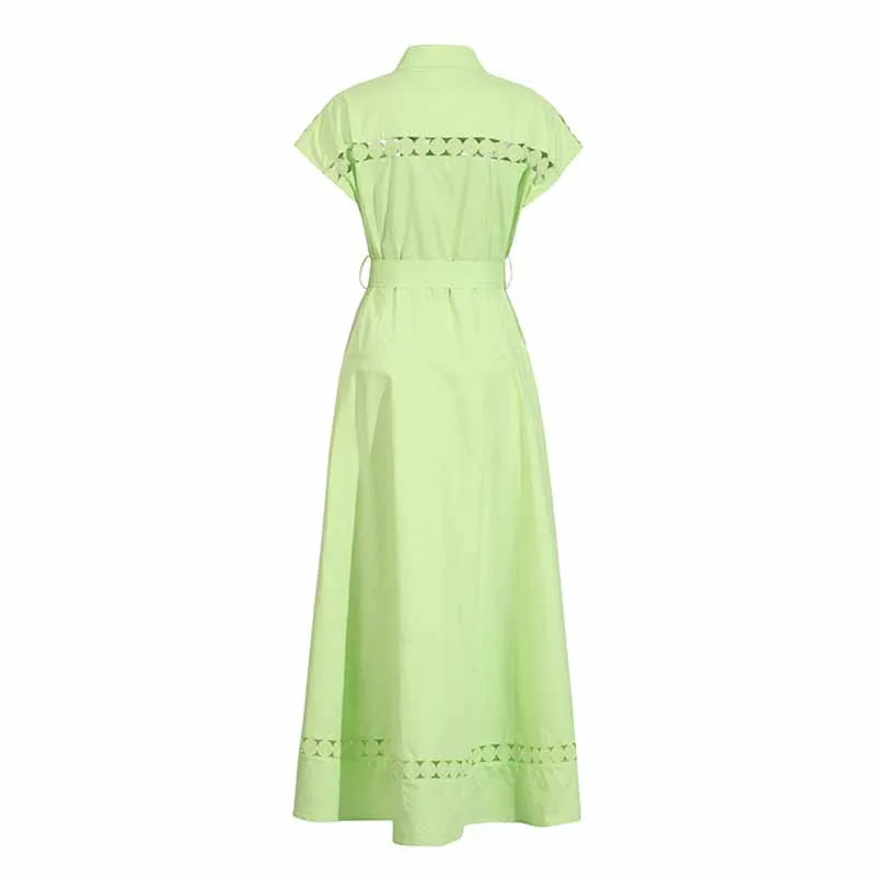 Collared Short Sleeve Hollow Out Midi Dress With Belt