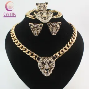 Cool Black Enamel Leopard Head Crystal Necklace Set For Women/Men Trendy Gold color Costume African Jewelry Sets