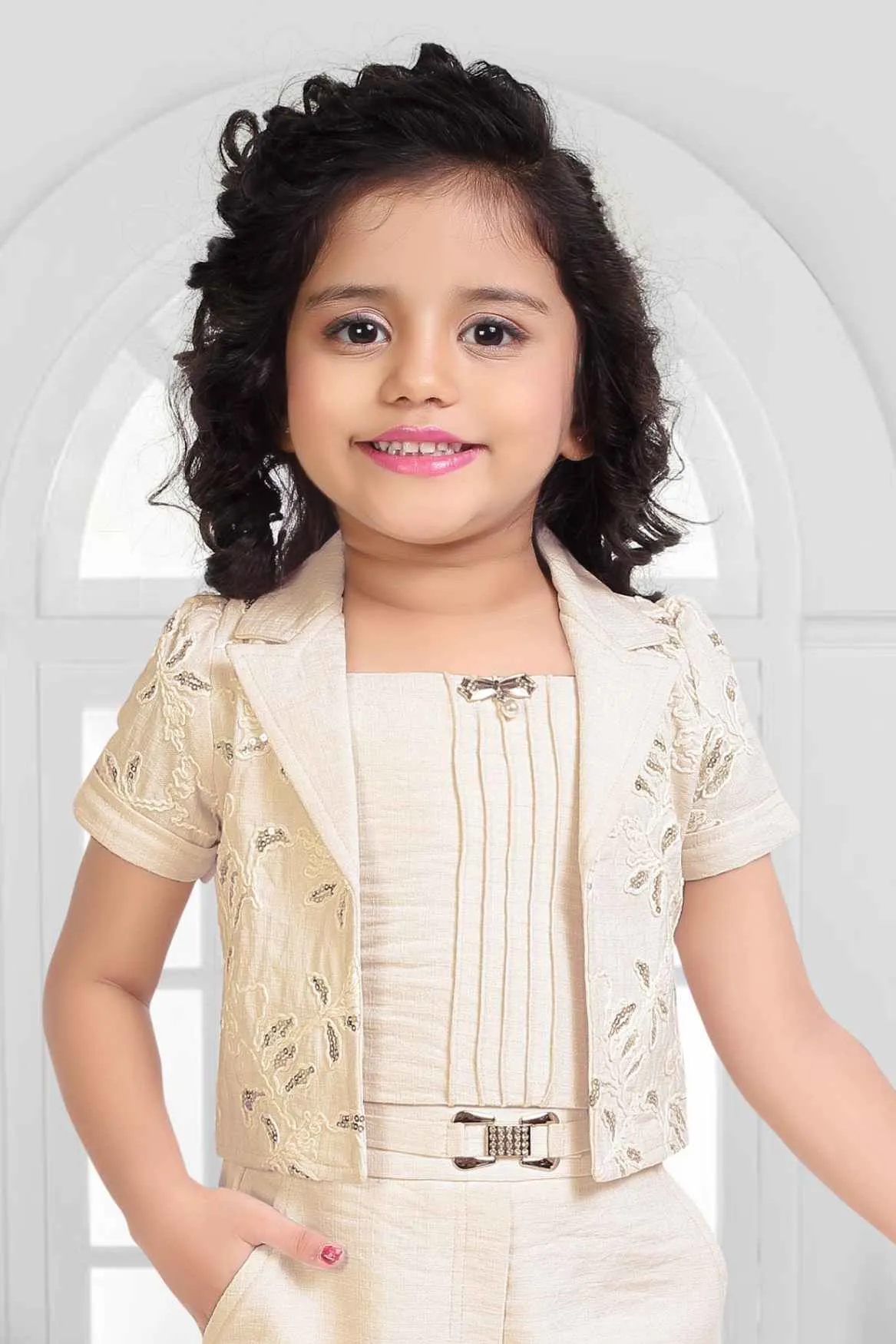 Cream Top And 3/4th Shorts Set With Sequins Work Overcoat And Sling Bag For Girls