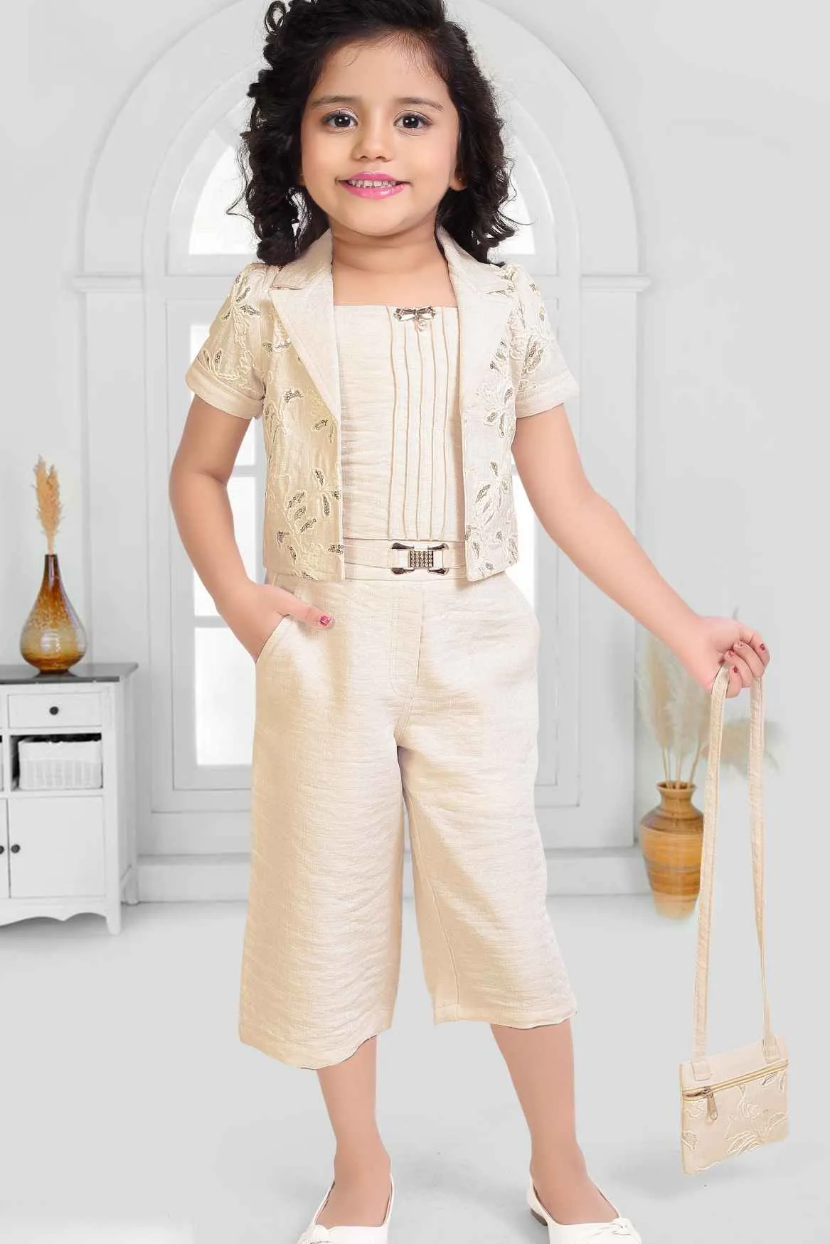 Cream Top And 3/4th Shorts Set With Sequins Work Overcoat And Sling Bag For Girls