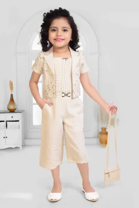 Cream Top And 3/4th Shorts Set With Sequins Work Overcoat And Sling Bag For Girls