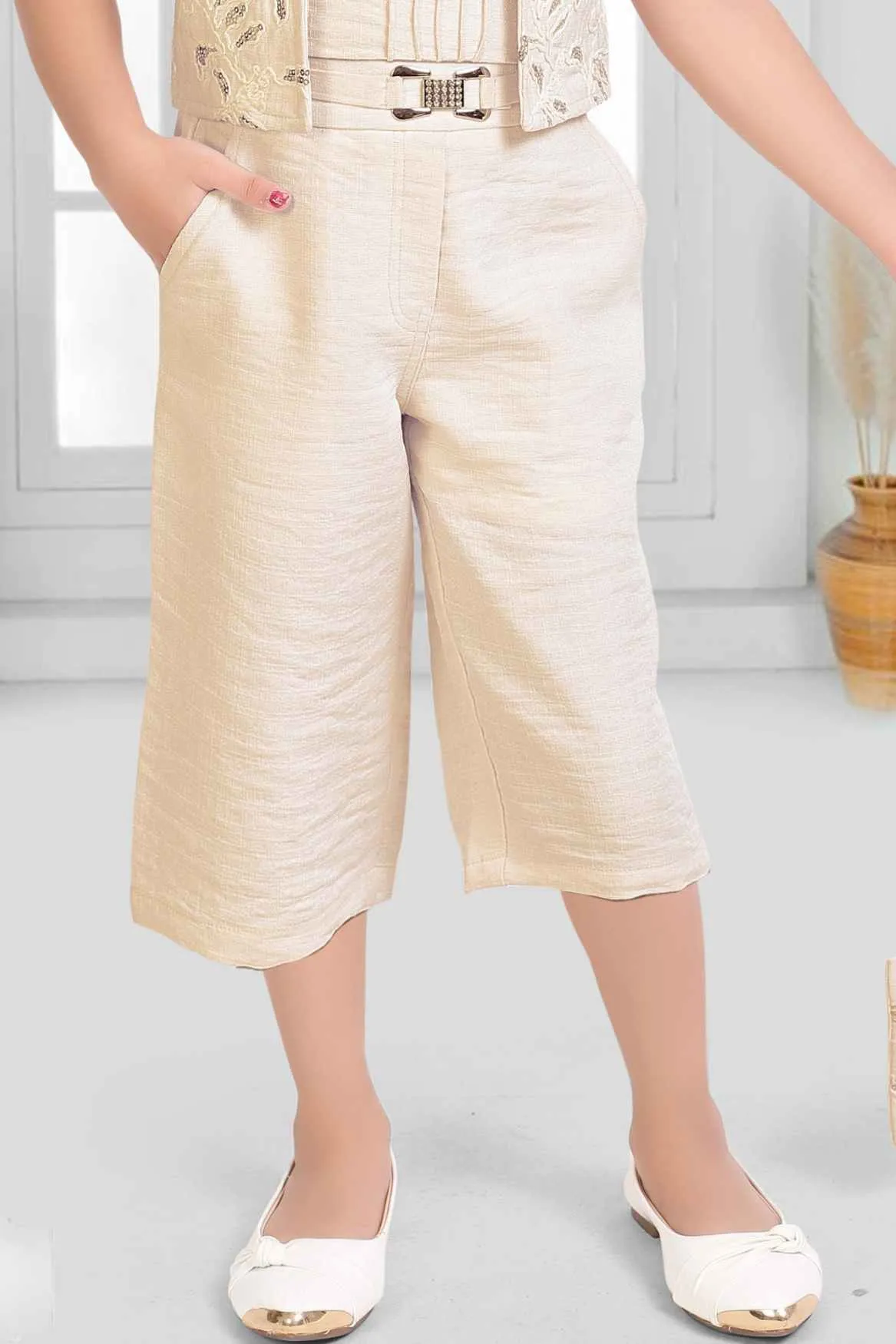 Cream Top And 3/4th Shorts Set With Sequins Work Overcoat And Sling Bag For Girls
