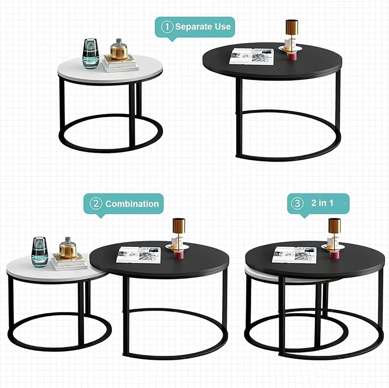 CREATIVE SKILLS Two-Piece Marble Look Coffee Table Set, top end Side Table, Metal Frame Cocktail Table, Nesting Tea Table, and Home Furniture Size for Living Rooms (WHITE)