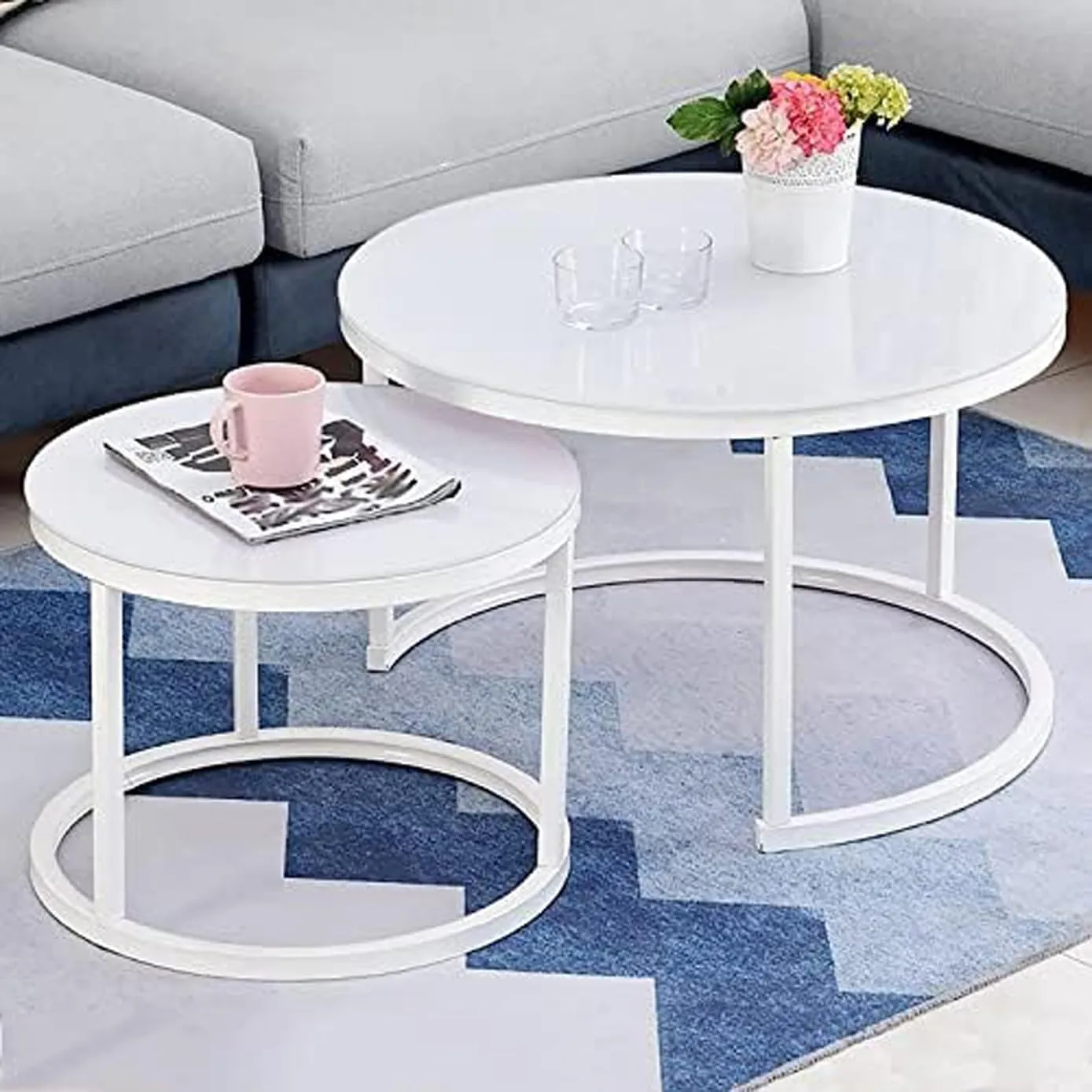 CREATIVE SKILLS Two-Piece Marble Look Coffee Table Set, top end Side Table, Metal Frame Cocktail Table, Nesting Tea Table, and Home Furniture Size for Living Rooms (WHITE)