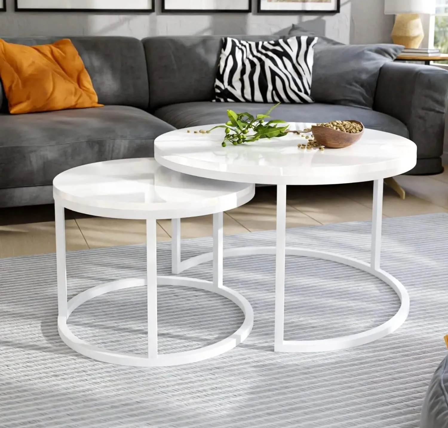 CREATIVE SKILLS Two-Piece Marble Look Coffee Table Set, top end Side Table, Metal Frame Cocktail Table, Nesting Tea Table, and Home Furniture Size for Living Rooms (WHITE)