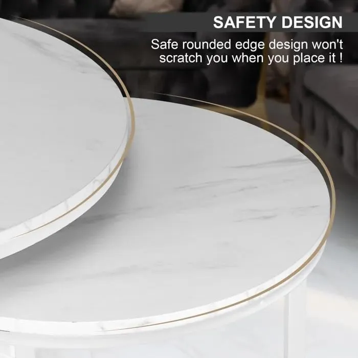 CREATIVE SKILLS Two-Piece Marble Look Coffee Table Set, top end Side Table, Metal Frame Cocktail Table, Nesting Tea Table, and Home Furniture Size for Living Rooms (WHITE)