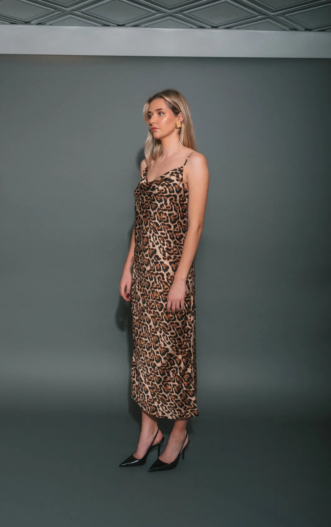 Crepe Cowl Neck Maxi Dress | Leopard