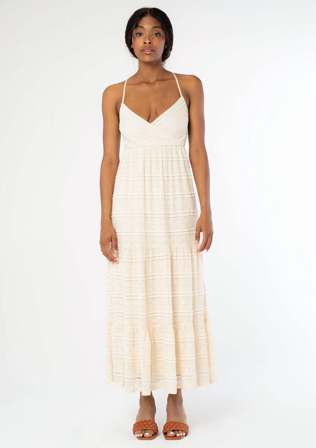Cross Back Surplice Tiered Lace Maxi Dress