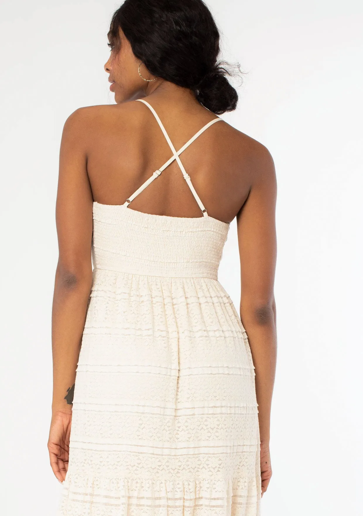 Cross Back Surplice Tiered Lace Maxi Dress