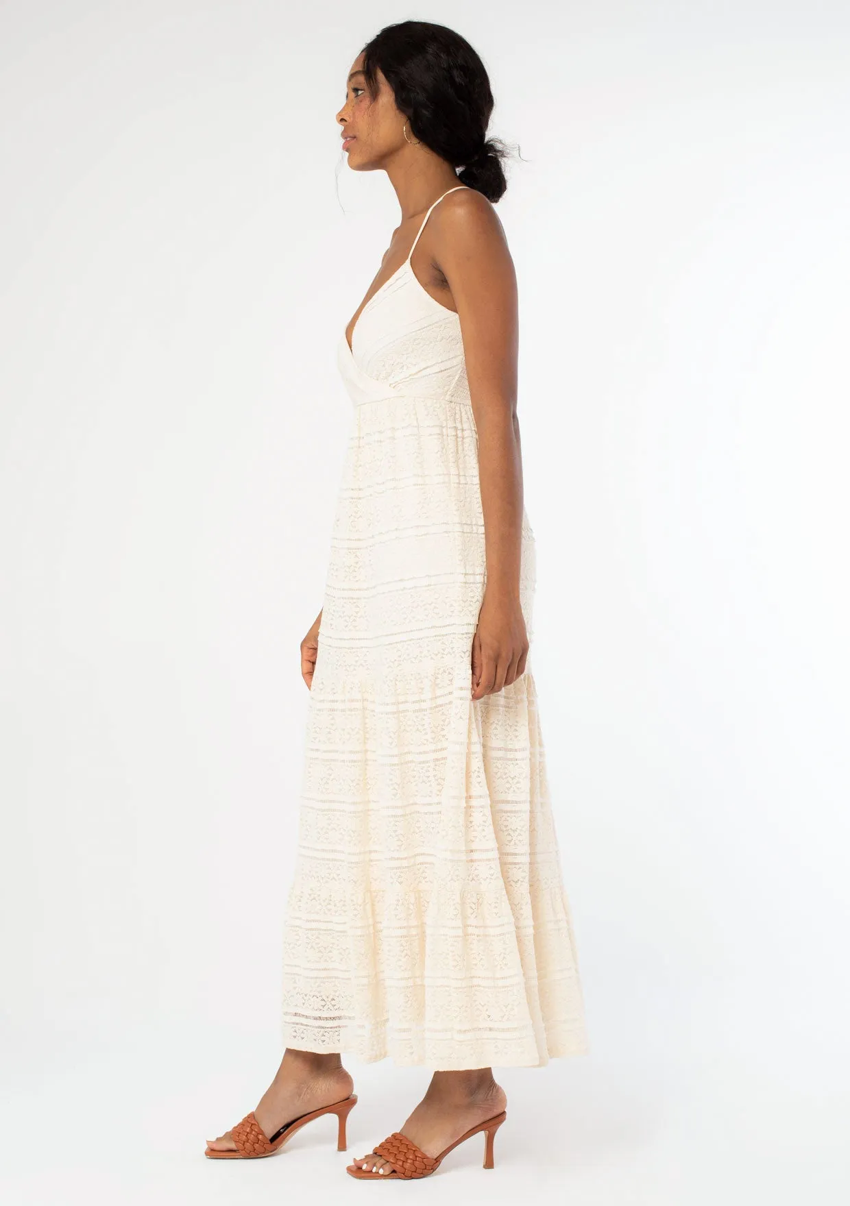 Cross Back Surplice Tiered Lace Maxi Dress