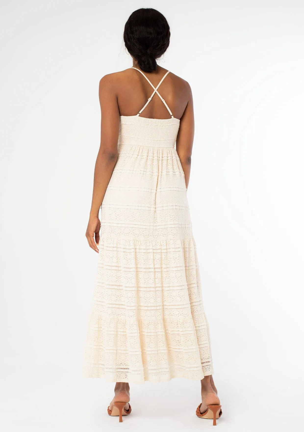 Cross Back Surplice Tiered Lace Maxi Dress