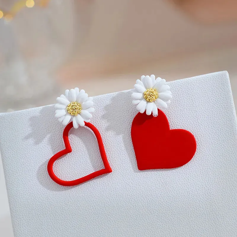 Cute Geometric Daisy Flower Yellow Red Heart Asymmetrical Party Gifts Korean Earring