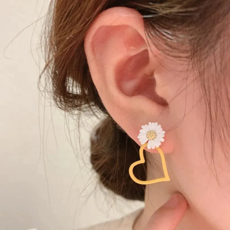 Cute Geometric Daisy Flower Yellow Red Heart Asymmetrical Party Gifts Korean Earring