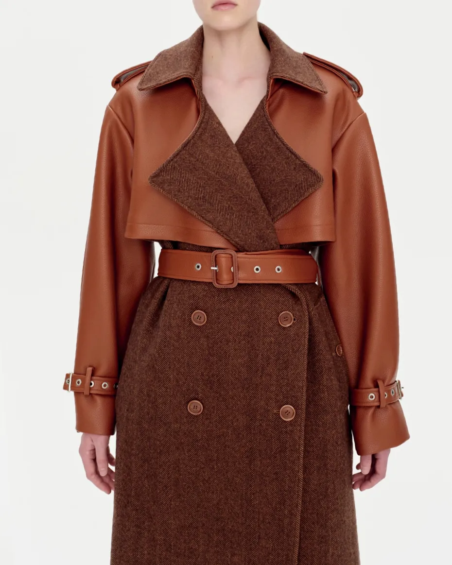 Doni Vegan Leather Combo Trench Coat