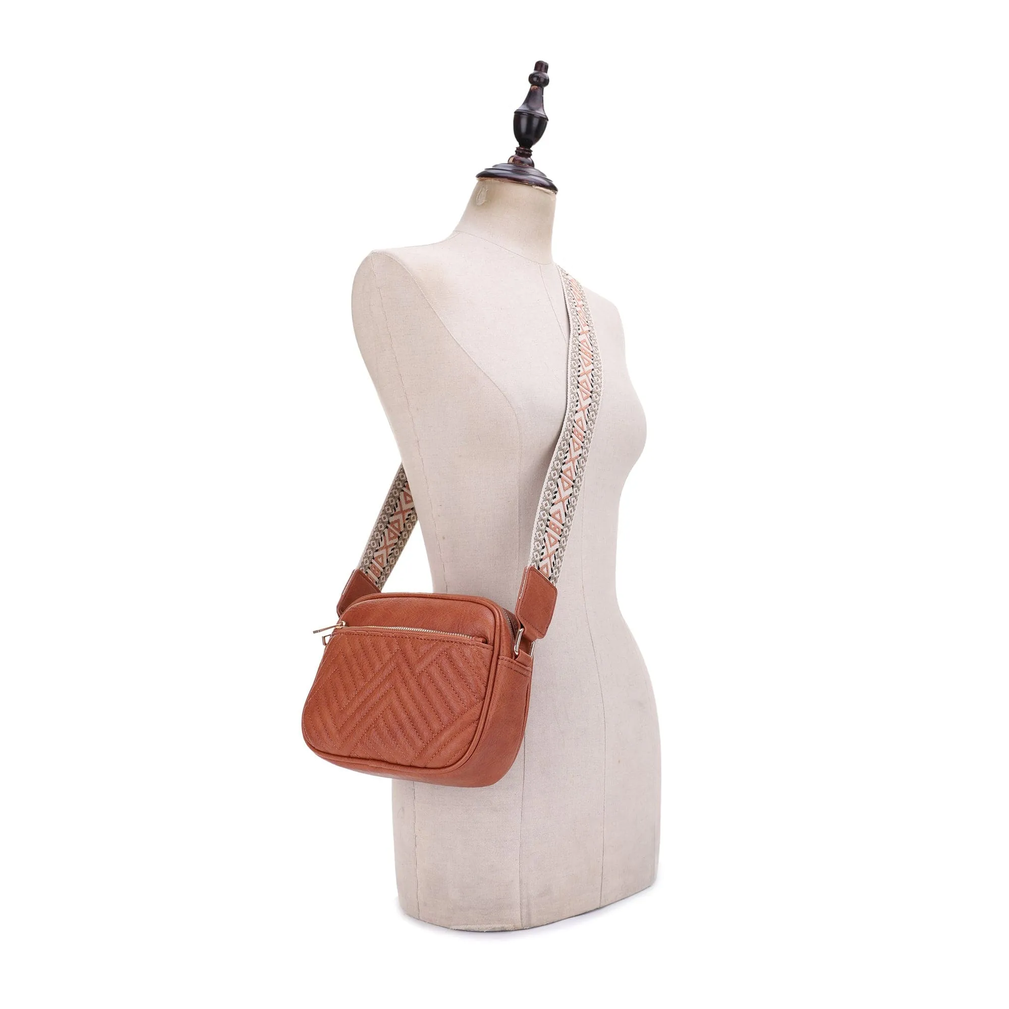 EJ60195 Two Tone Crossbody Bag With Guitar Strap
