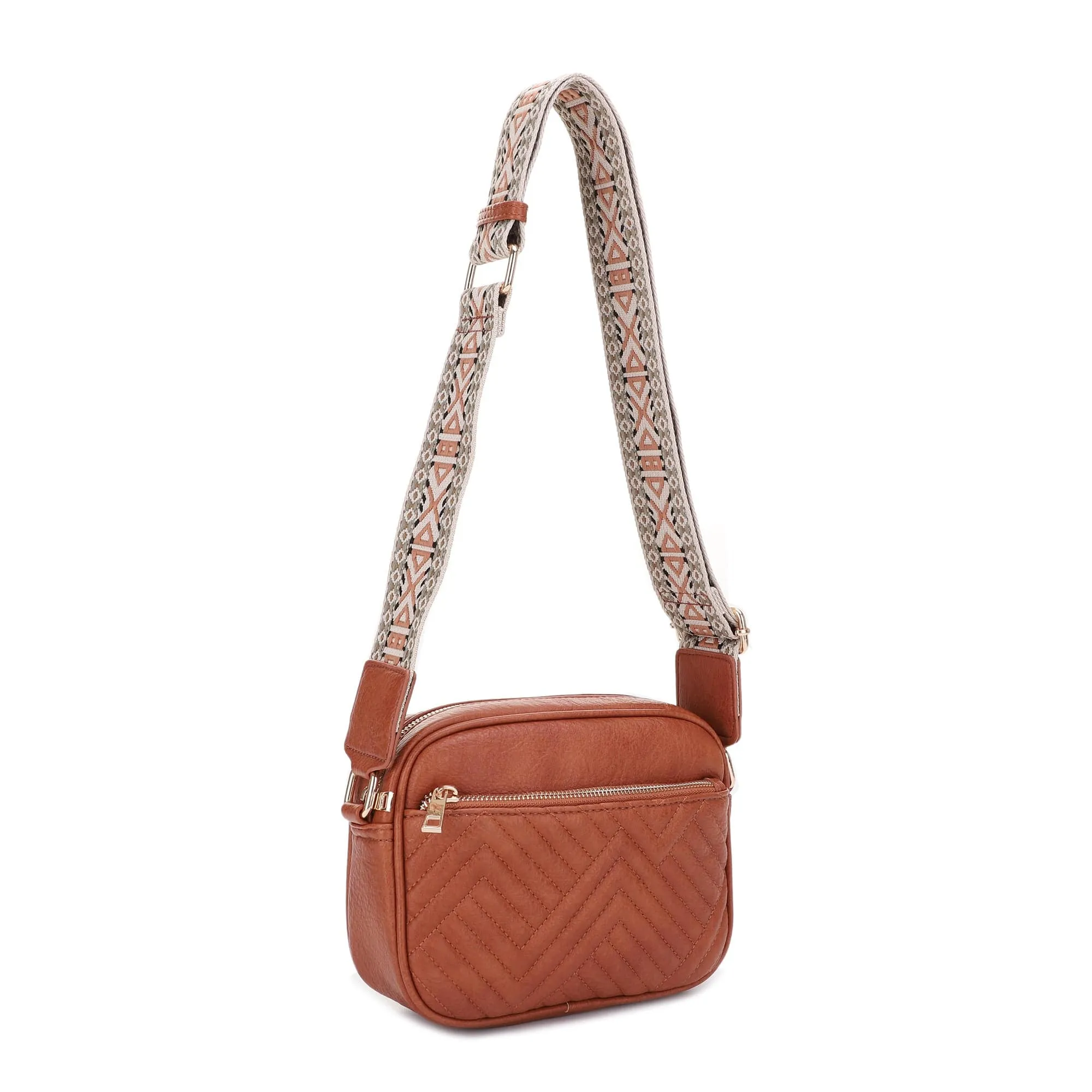 EJ60195 Two Tone Crossbody Bag With Guitar Strap