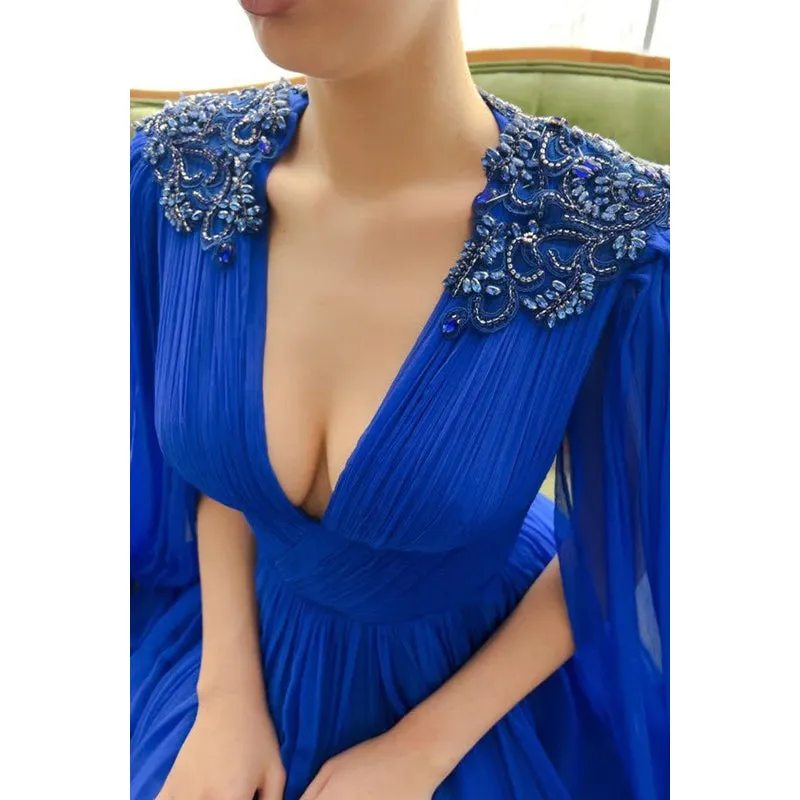 Elegant & Luxurious V-neck A-line Ruched Side Slit Formal Prom Dress With Embroidered