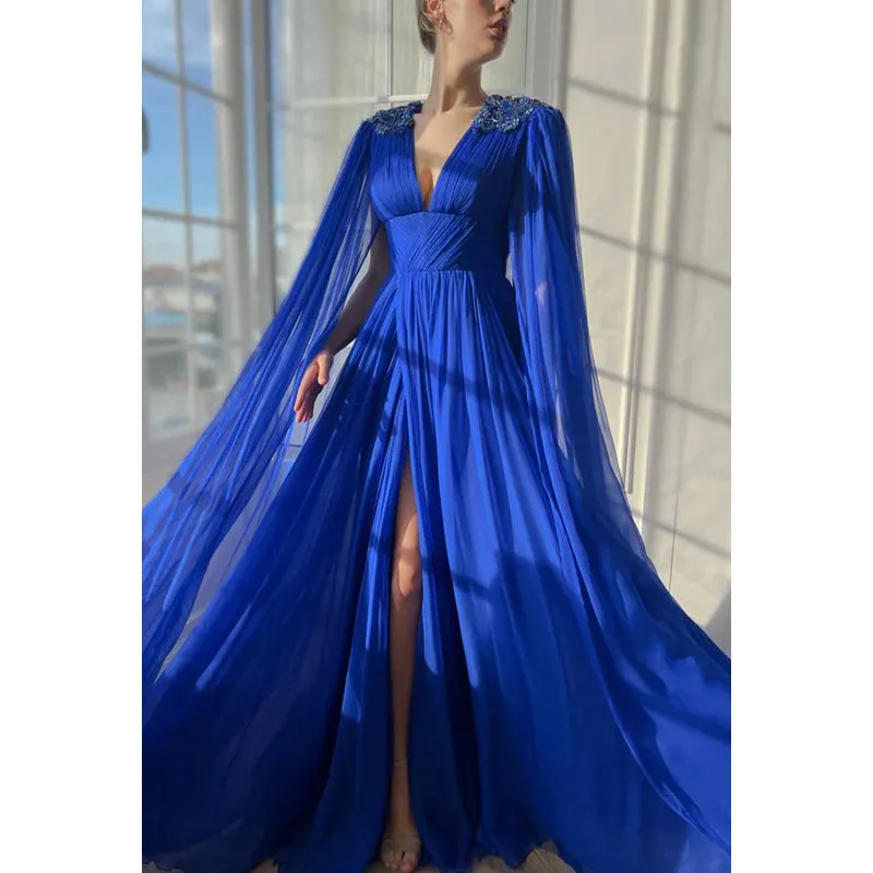 Elegant & Luxurious V-neck A-line Ruched Side Slit Formal Prom Dress With Embroidered