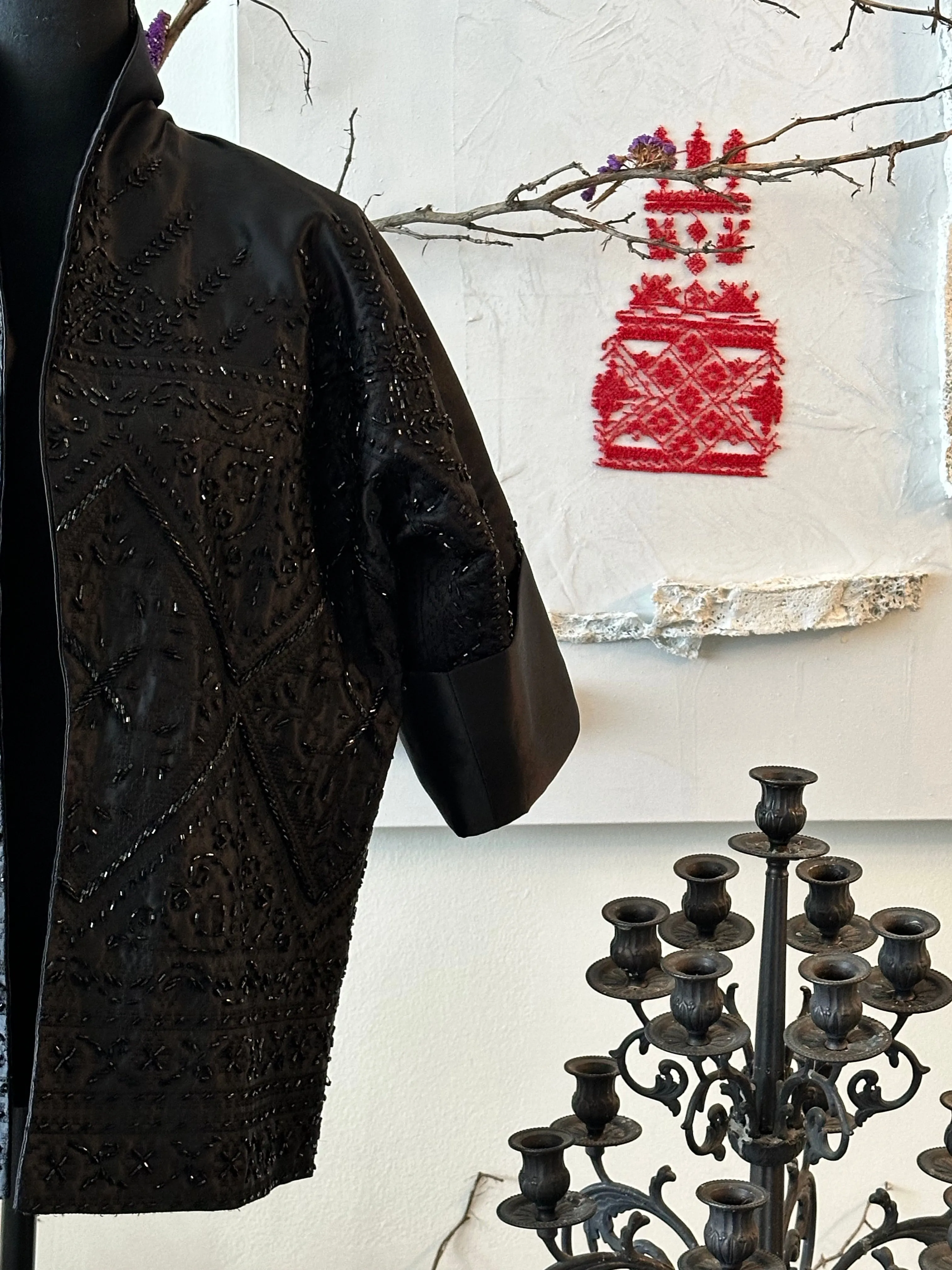 Elegant Black Satin Kimono Jacket with Intricate Embroidery