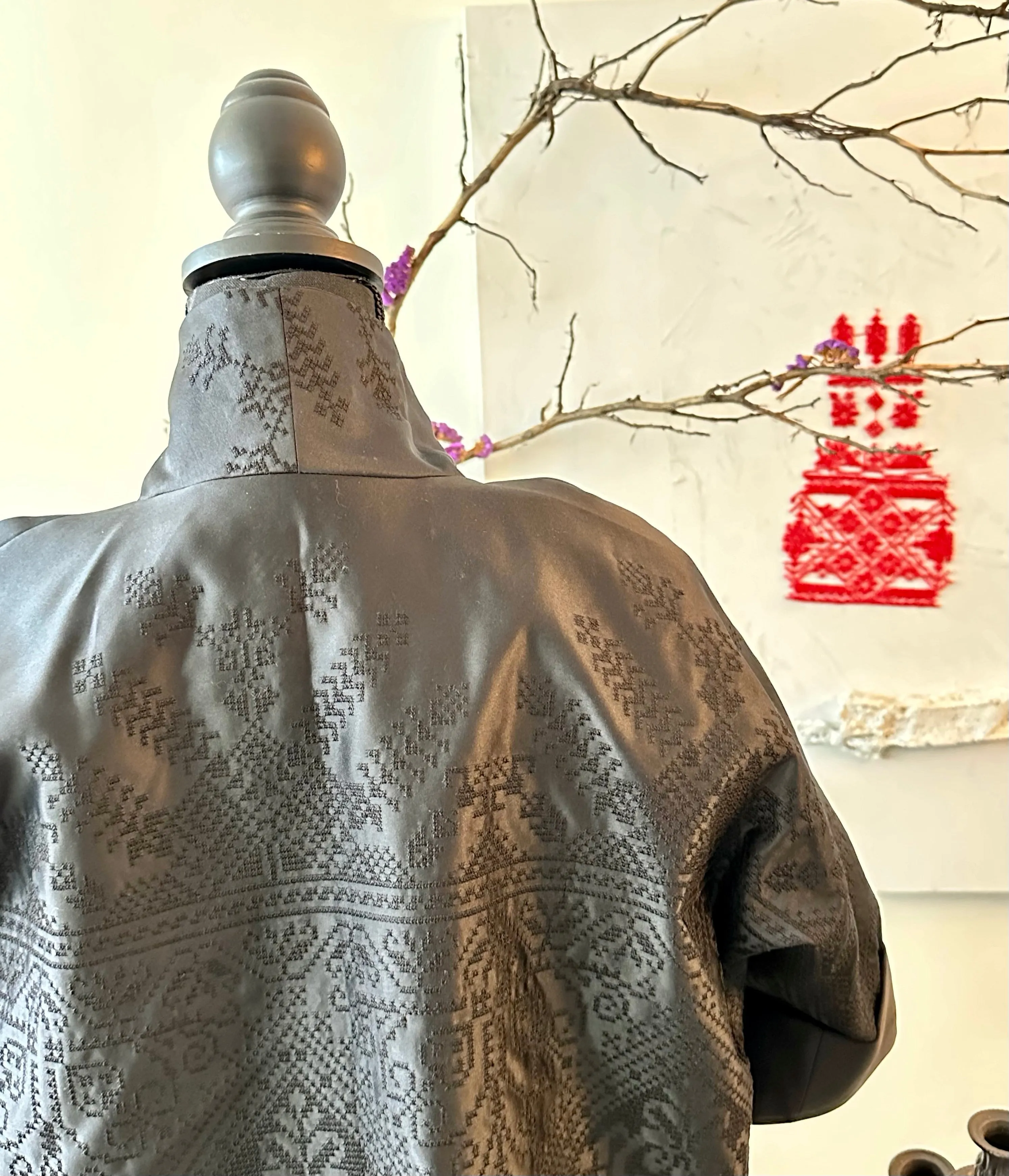 Elegant Black Satin Kimono Jacket with Intricate Embroidery